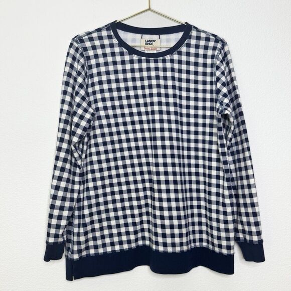 Lands End Sweatshirt Large Blue Plaid Long Sleeve Checker Reversible Fleece - Picture 1 of 12